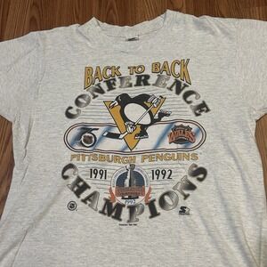 VTG 1992 PGH Penguins Starter Back to Back Conference Champions Graphic Tee Sz L